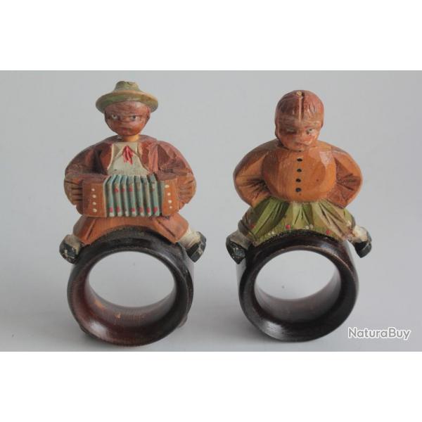 Paire Rond de serviette bois sculpt Art Populaire