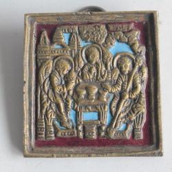 Petite icône de voyage bronze émaillé L'Hospitalité d'Abraham