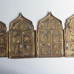 Icône quadriptyque bronze émaillé 12 Grandes fêtes Russie XIXe siècle
