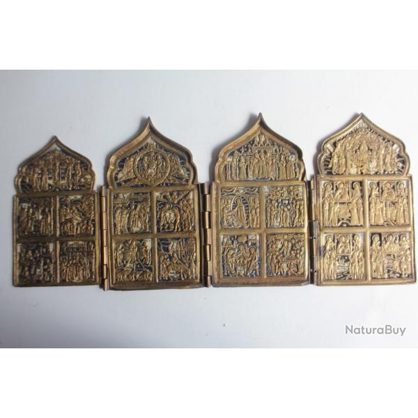 Icne quadriptyque bronze maill 12 Grandes ftes Russie XIXe sicle
