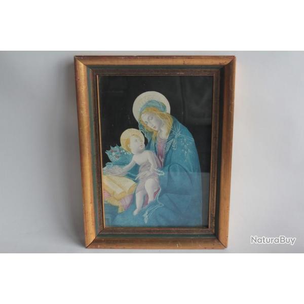 Icne dessin original rehauss vierge  l'enfant XIXe
