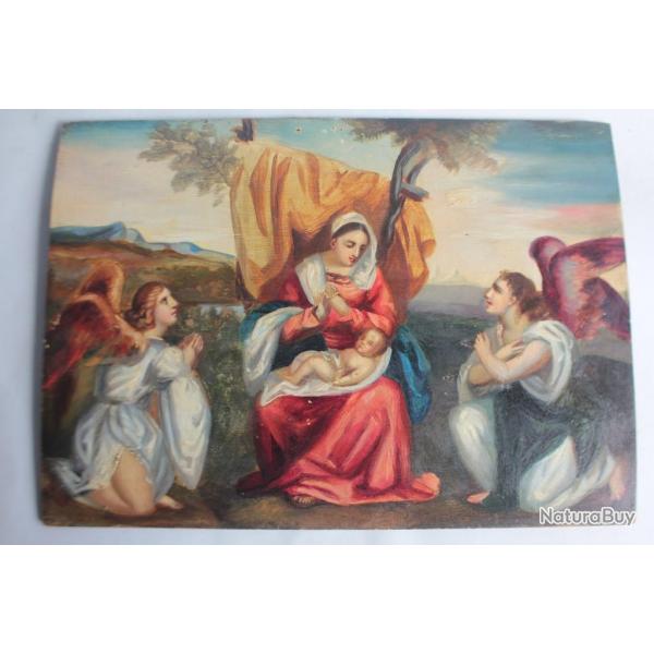 Peinture  l'huile religieuse Vierge  l'enfant Anges Madonna