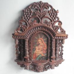 Ancien Retable bois sculpté Vierge à l'enfant Amérique latine