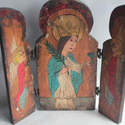 Ancienne Icône orthodoxe triptyque Sainte Barbe Anges