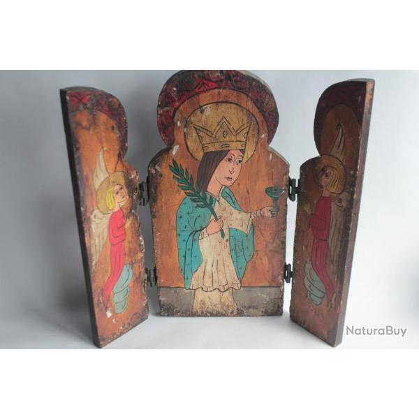 Ancienne Icne orthodoxe triptyque Sainte Barbe Anges