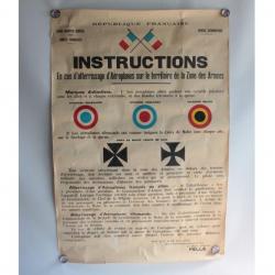 Affiche Instructions atterrissage Aéroplanes zones armées Guerre 14-18
