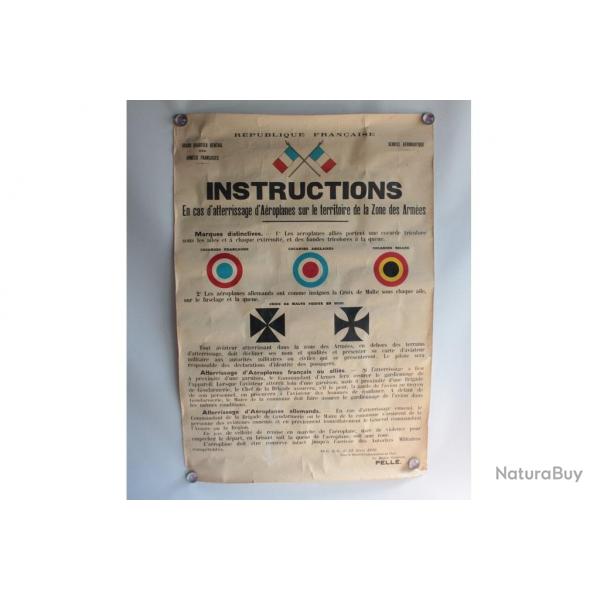 Affiche Instructions atterrissage Aroplanes zones armes Guerre 14-18