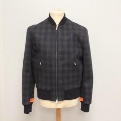 HERMES Blouson bomber laine Carreaux bleu marine Homme T48