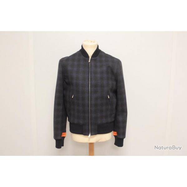 HERMES Blouson bomber laine Carreaux bleu marine Homme T48