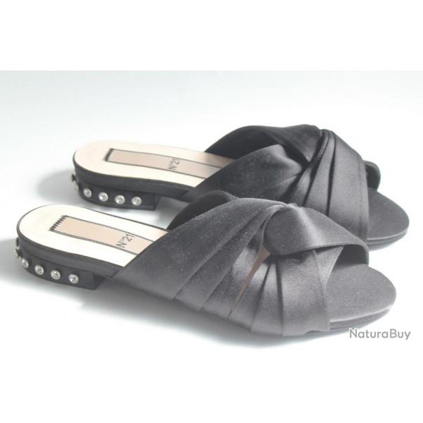 Mules plates satin noir et strass N21 T37,5