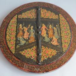 Ancien Miroir rond bois et papier mâché Qajar Perse