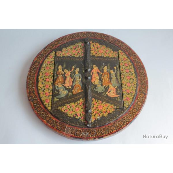 Ancien Miroir rond bois et papier mch Qajar Perse