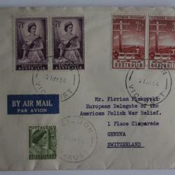 enveloppe Australie vers Suisse timbres et vignette western avion 1954