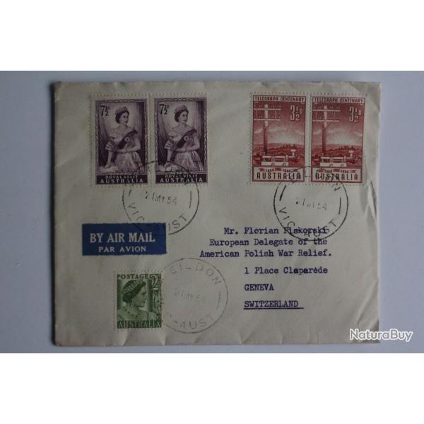 enveloppe Australie vers Suisse timbres et vignette western avion 1954