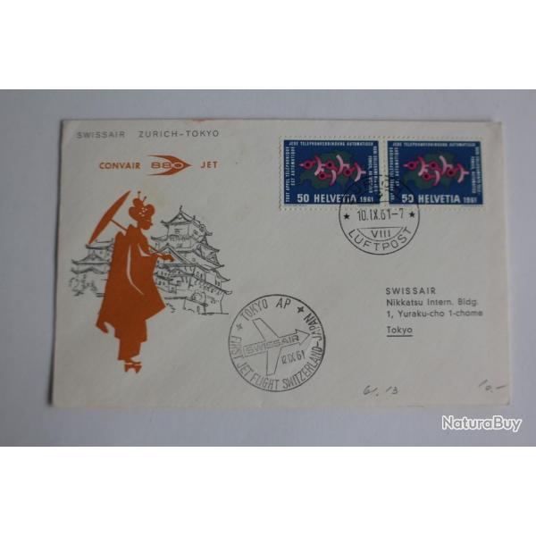Enveloppe Suisse Suissair Zurich Tokyo timbre commmoratifs paire 1961