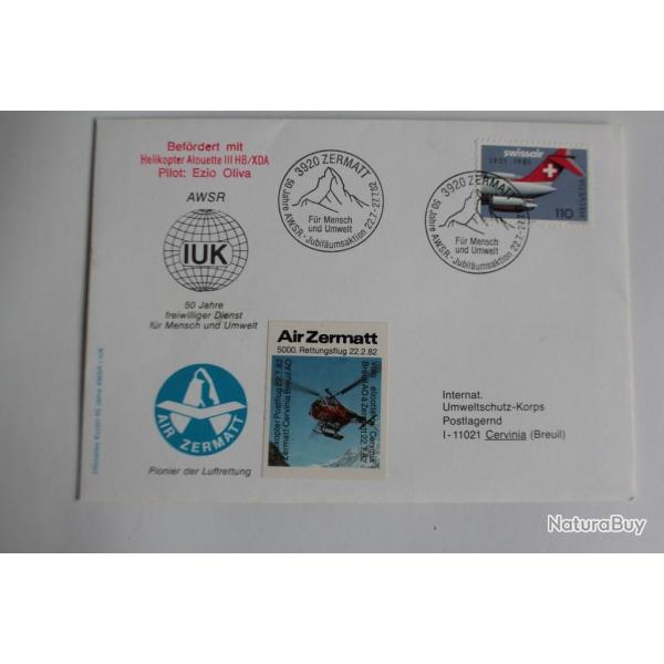 Enveloppe Suisse swissair air Zermatt + vignette 1982