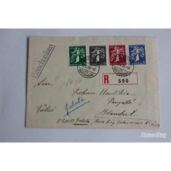 Enveloppe Suisse recommand pour Istanbul 1940 + vignette Luzern 1939