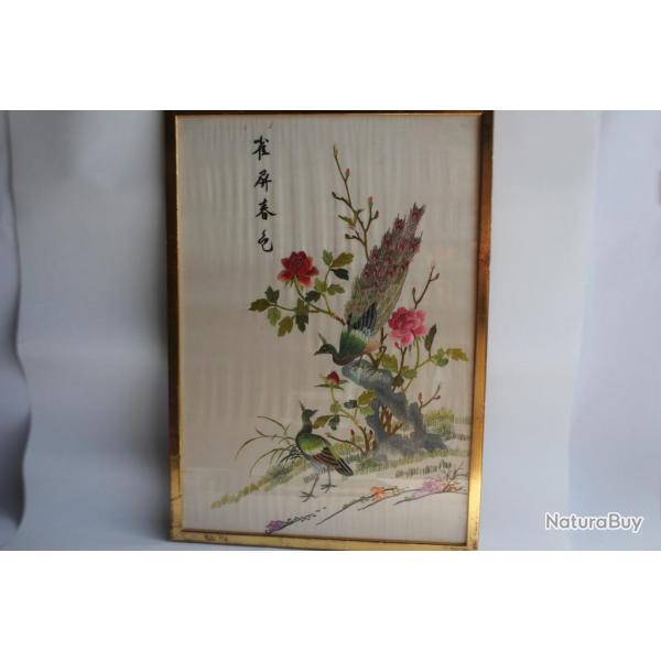 Tableau Soie brode Paons Chine