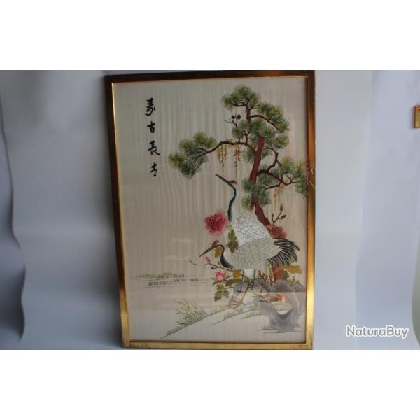 Tableau Soie brode Grue Chine