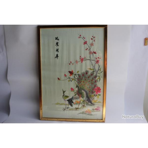 Tableau Soie brode Paons Chine