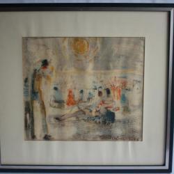 Tableau Pastel CLÉMENT 1976 Bord de mer Plage