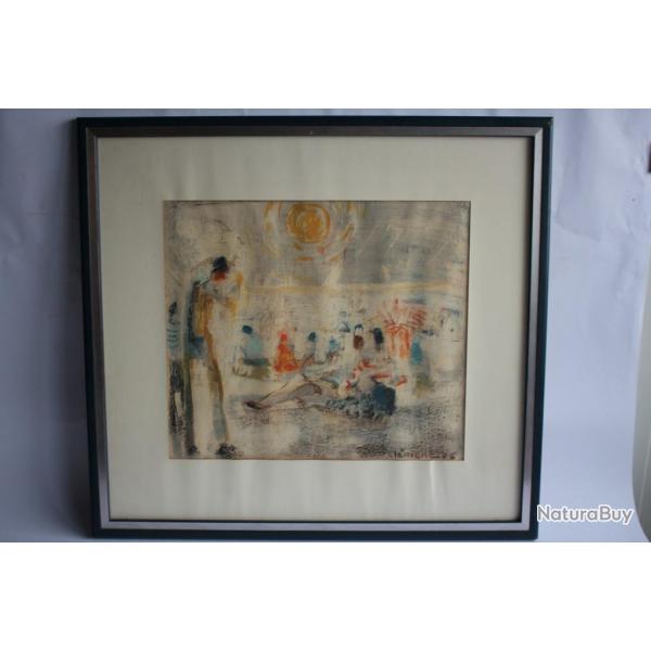 Tableau Pastel CLMENT 1976 Bord de mer Plage