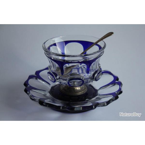 Confiturier cristal Overlay bleu cobalt XIXe sicle