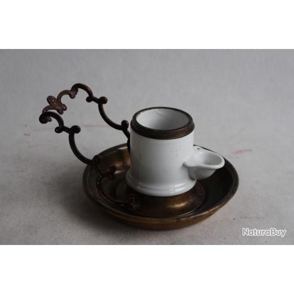 Ancien encrier  pompe en porcelaine et laiton porte-plume