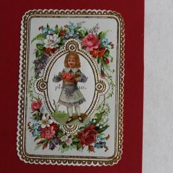Chromo gaufré fleurs XIXe siècle Fillette fleurs
