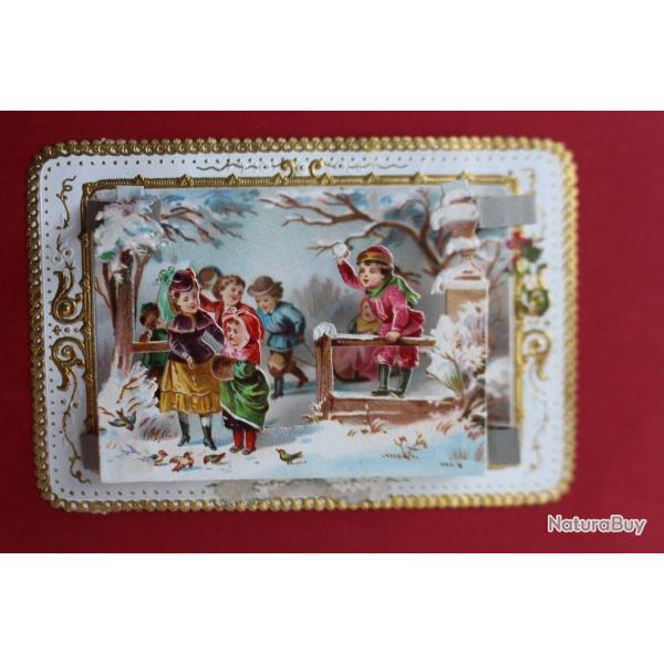 Image chromo XIXe sicle diorama enfants hiver