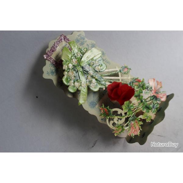 Image chromo a systme XIXe sicle Muguet et trfles Allemagne diorama