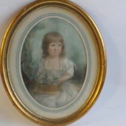 Tableau pastel petite fille au panier de fleurs XIXe siècle