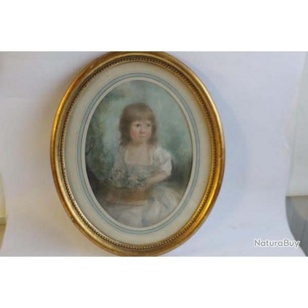 Tableau pastel petite fille au panier de fleurs XIXe sicle