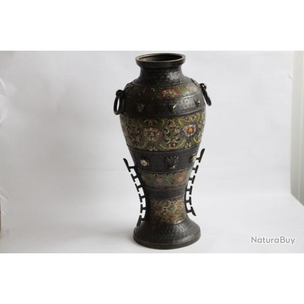 Vase bronze maux cloisonns cabochons Indochine