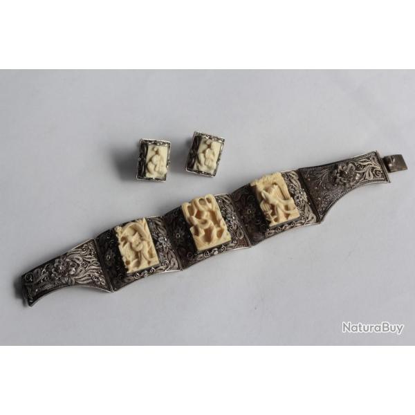 Parure Bracelet et boucles d'oreilles filigrane argent Chine