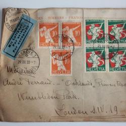 Enveloppe par avion Timbres Suisse pro juventute 1932