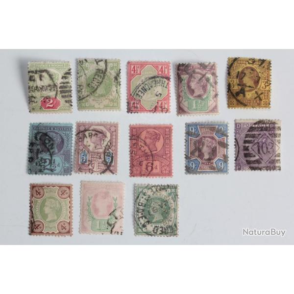 Timbres Grande Bretagne cinquantenaire du rgne Victoria 1887-90 obl