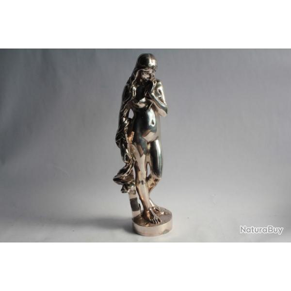 Bronze argent ALEXANDRE FALGUIRE La Cigale Femme nue Guitare