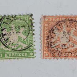 Timbres Allemagne Wurtemberg 1k et 9k obl 1863