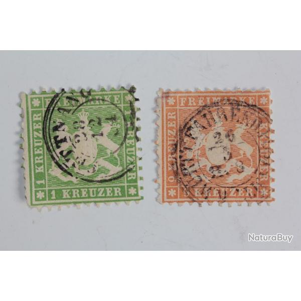 Timbres Allemagne Wurtemberg 1k et 9k obl 1863