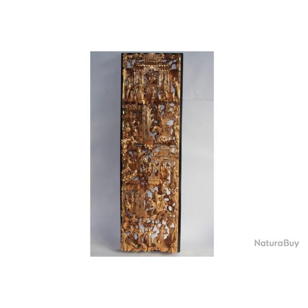 Panneau bois sculpt et dor Chine XIXe sicle