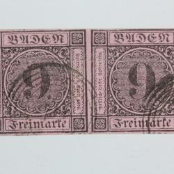 Timbres Allemagne Bade Grand duché paire 9k noir sur couleur 1851