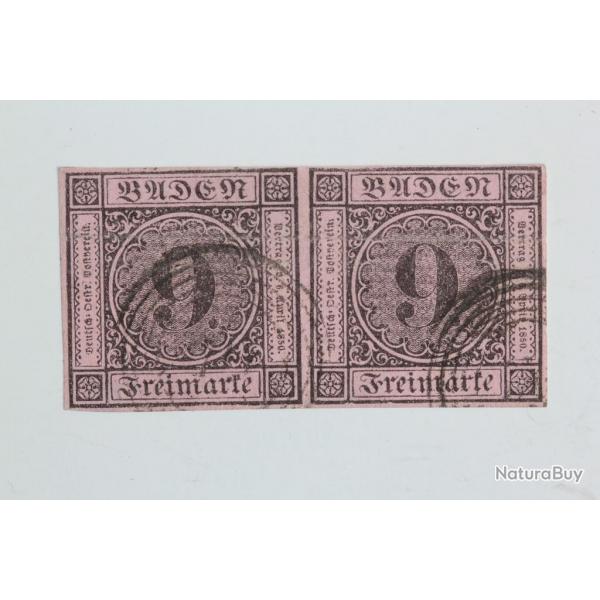 Timbres Allemagne Bade Grand duch paire 9k noir sur couleur 1851