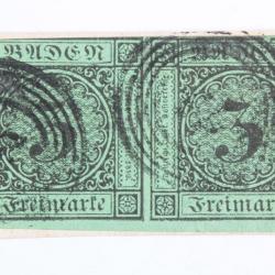 Timbres Allemagne Bade Grand duché paire 3k  noir sur couleur 1853