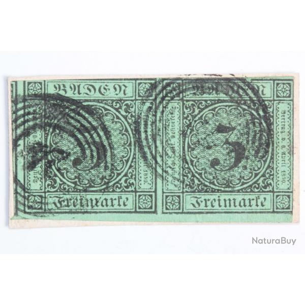 Timbres Allemagne Bade Grand duch paire 3k  noir sur couleur 1853