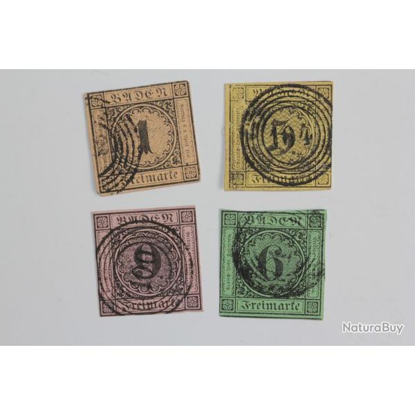 Timbres Allemagne Bade Grand duch srie noir sur couleur 1851
