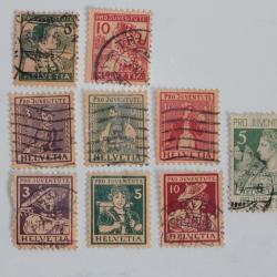 Ensemble Timbres Suisse Pro juventute Hélvétie et Costume 1913-1917 obl