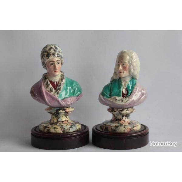 Bustes faence Voltaire et Rousseau XVIIIe sicle