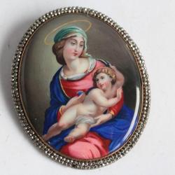 Broche émaux Vierge à l'enfant XVIIIe siècle Art populaire Suisse