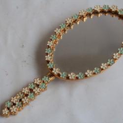 Miroir Face à main Fleurs métal doré émaillé